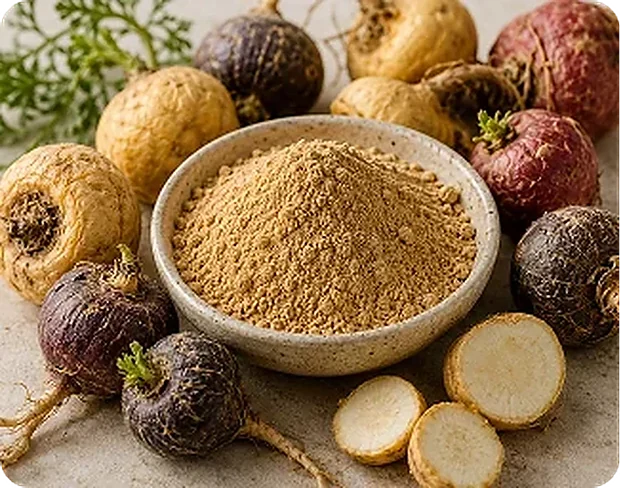 Maca root and its powder, one of the four botanical extracts printed on the HoneyFil label